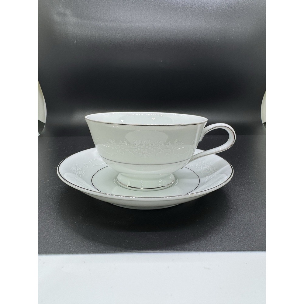 Noritake Whitehall Cup w/ Saucer - Vintage White Flower Basket &‎ Scrolls On Rim